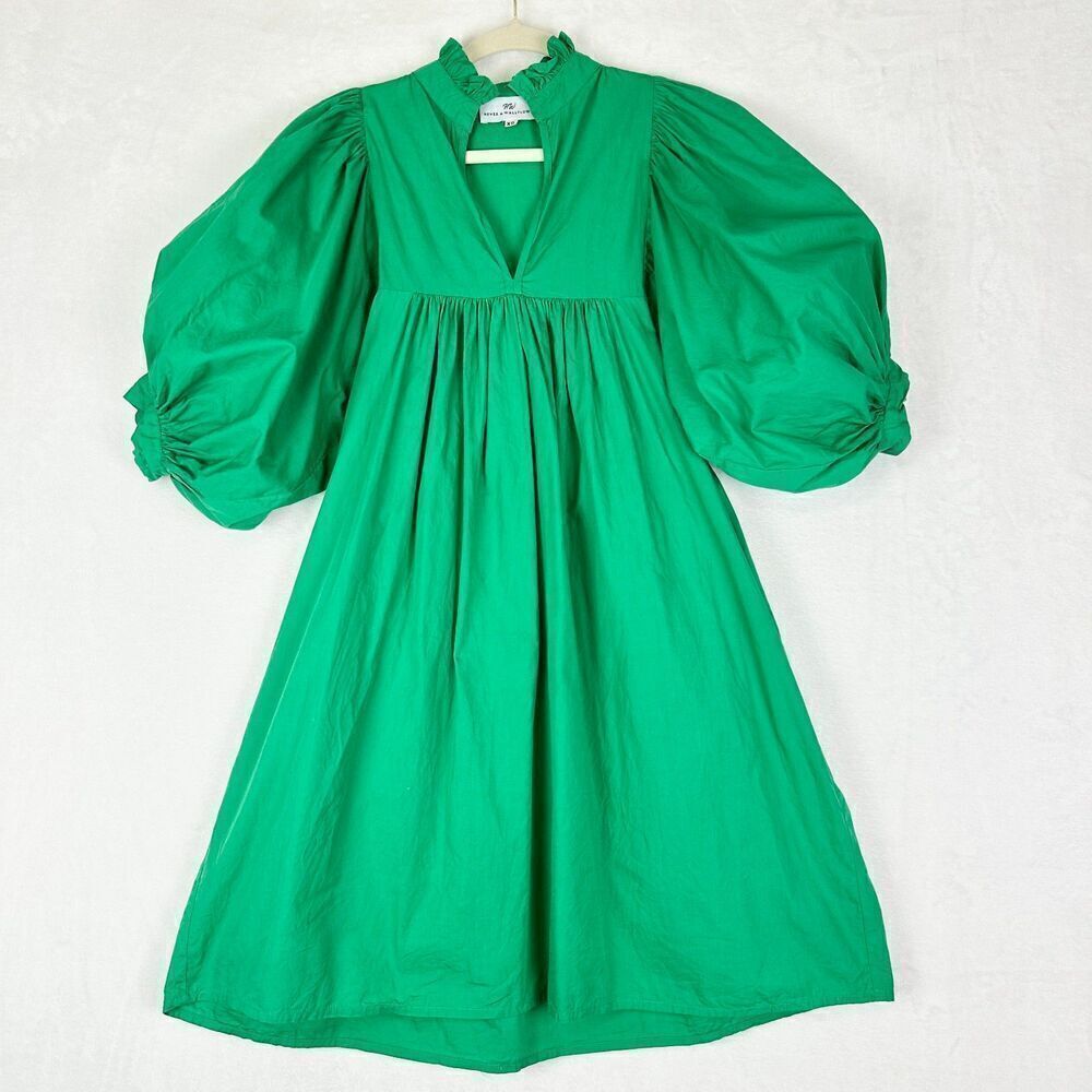 Never A Wallflower High Neck Dress Size XS Green Poplin Cotton Puff Sleeve